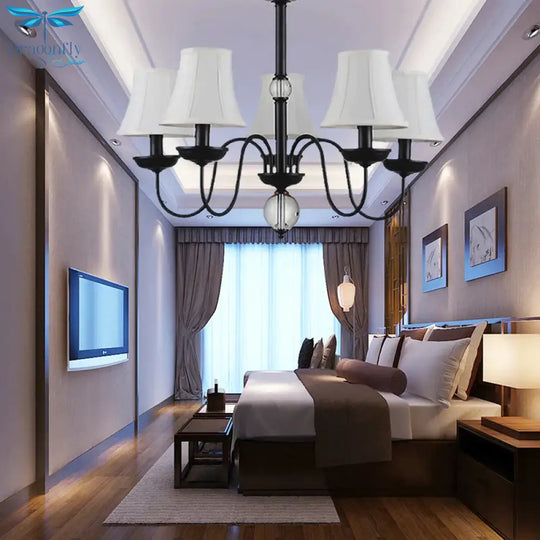 Empire Shade Bedroom Chandelier Light Traditional White Fabric 3/5/6 Lights Black Ceiling Pendant