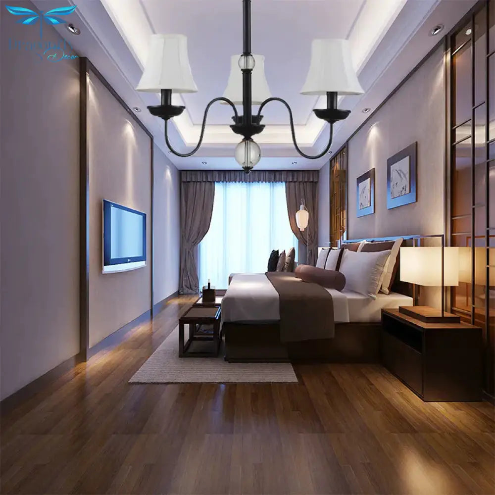 Empire Shade Bedroom Chandelier Light Traditional White Fabric 3/5/6 Lights Black Ceiling Pendant