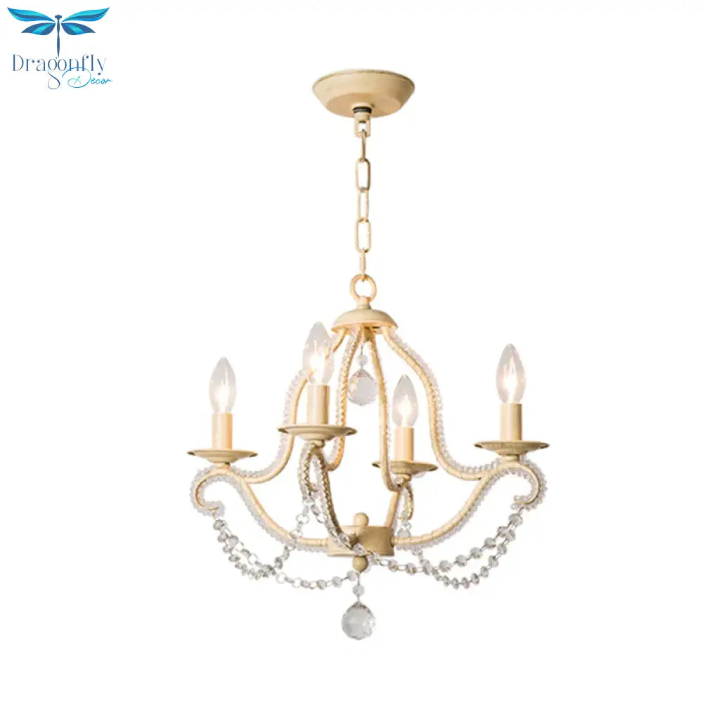 Empire Shade Bedroom Hanging Light Fixture Traditional Crystal Beaded 4 Heads Beige Chandelier