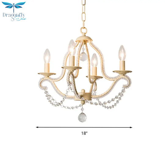 Empire Shade Bedroom Hanging Light Fixture Traditional Crystal Beaded 4 Heads Beige Chandelier