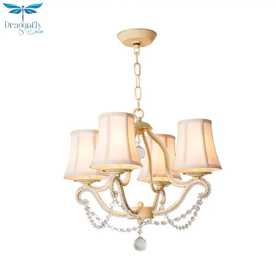 Empire Shade Bedroom Hanging Light Fixture Traditional Crystal Beaded 4 Heads Beige Chandelier