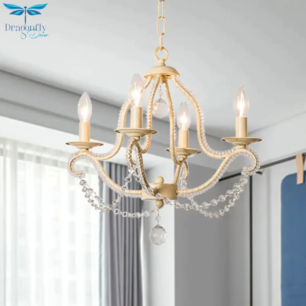Empire Shade Bedroom Hanging Light Fixture Traditional Crystal Beaded 4 Heads Beige Chandelier