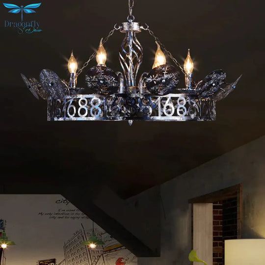 Etched Circular Coffee Shop Hanging Light Antique Wrought Iron 6 Heads Rust Chandelier Lamp With