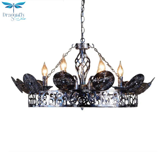 Etched Circular Coffee Shop Hanging Light Antique Wrought Iron 6 Heads Rust Chandelier Lamp With