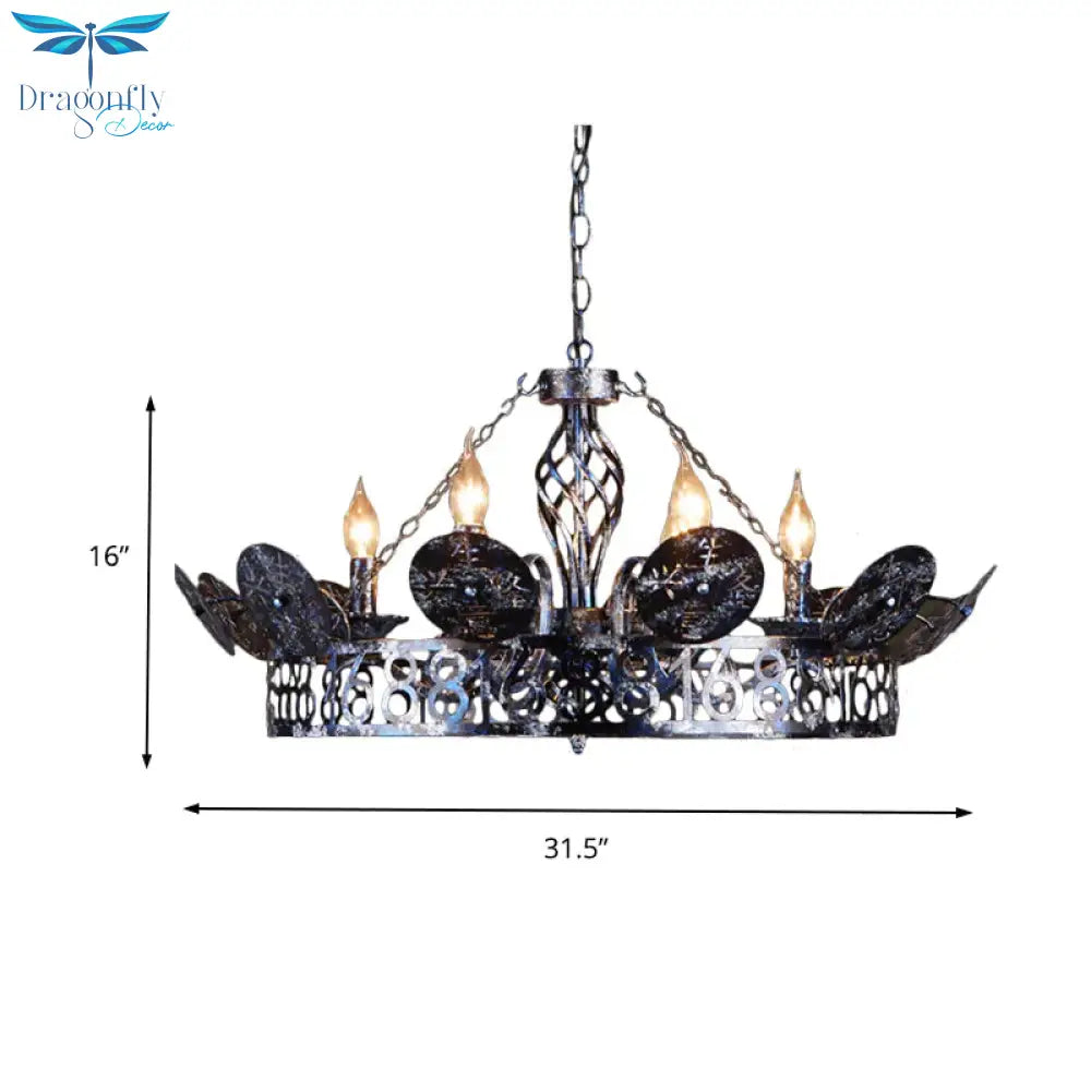 Etched Circular Coffee Shop Hanging Light Antique Wrought Iron 6 Heads Rust Chandelier Lamp With