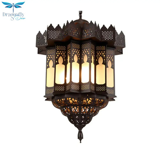 Etched Lantern Dining Room Chandelier Light Art Deco Frosted Glass 3 - Bulb Black Finish Ceiling