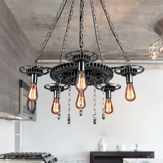 Exposed Bulb Metal Light Chandelier Industrial 6 Dining Room Pendant Lighting In Silver/Bronze With