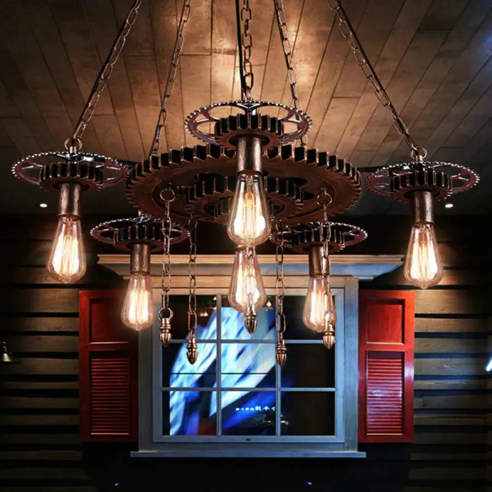 Exposed Bulb Metal Light Chandelier Industrial 6 Dining Room Pendant Lighting In Silver/Bronze With