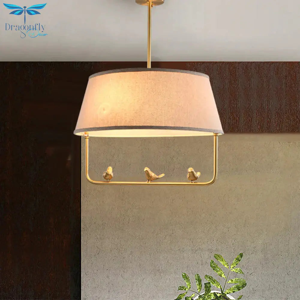 Fabric Beige Ceiling Chandelier Drum Shade 3 Heads Rustic Style Suspension Pendant With Bottom