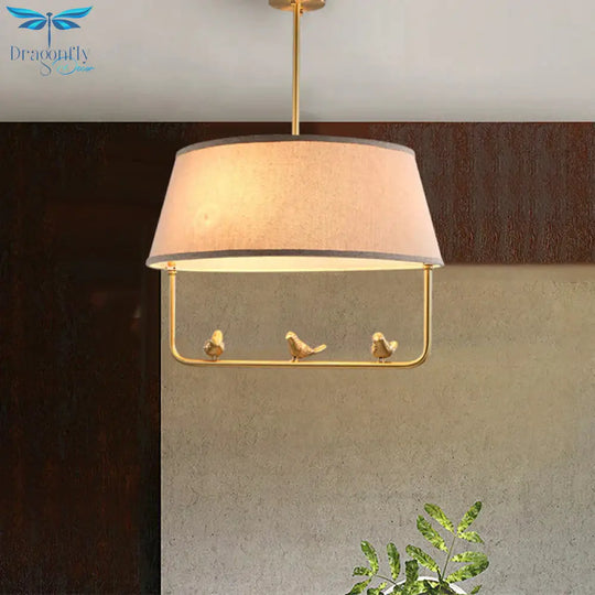 Fabric Beige Ceiling Chandelier Drum Shade 3 Heads Rustic Style Suspension Pendant With Bottom