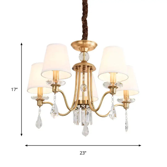 Fabric Brass Chandelier Lamp Barrel 5 Heads Traditional Hanging Light With Crystal Draping