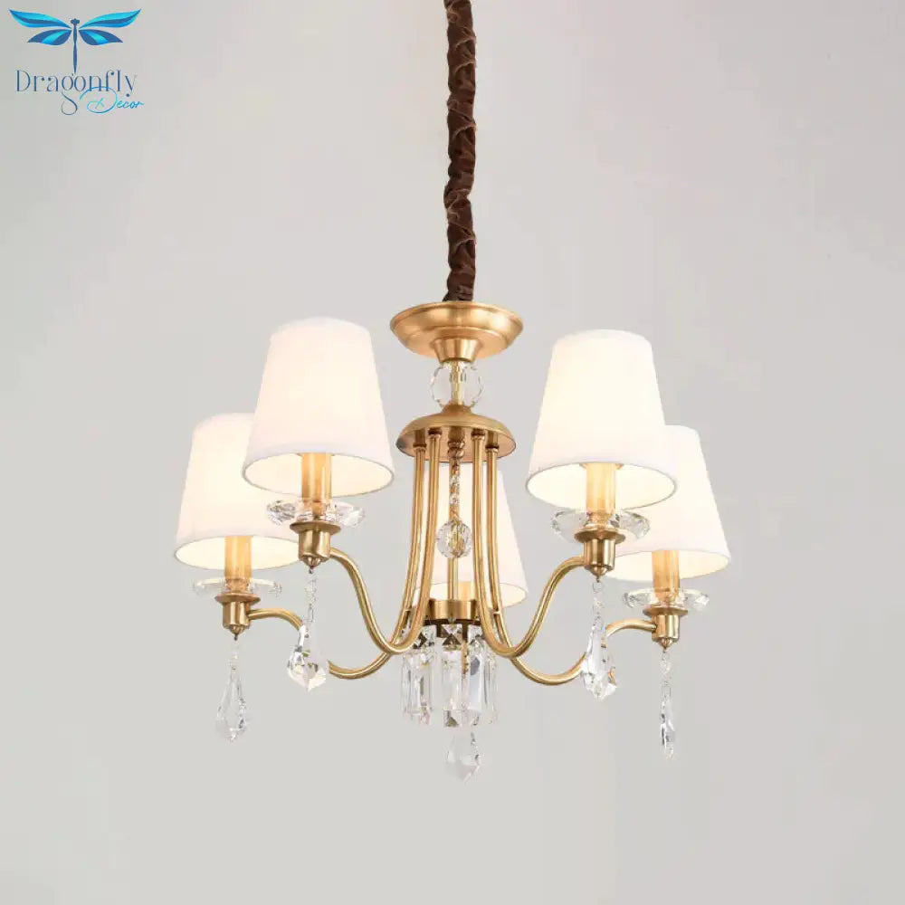 Fabric Brass Chandelier Lamp Barrel 5 Heads Traditional Hanging Light With Crystal Draping