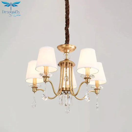 Fabric Brass Chandelier Lamp Barrel 5 Heads Traditional Hanging Light With Crystal Draping