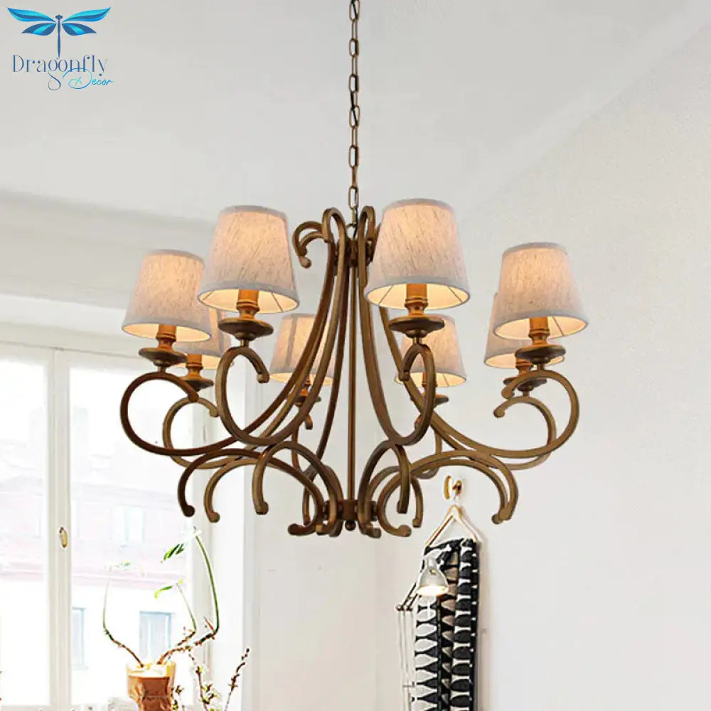 Fabric Brass Chandelier Pendant Light Conic 3/6 - Light Country Ceiling Suspension Lamp With