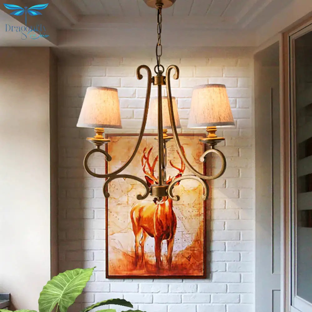 Fabric Brass Chandelier Pendant Light Conic 3/6 - Light Country Ceiling Suspension Lamp With