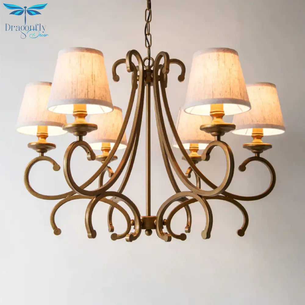 Fabric Brass Chandelier Pendant Light Conic 3/6 - Light Country Ceiling Suspension Lamp With
