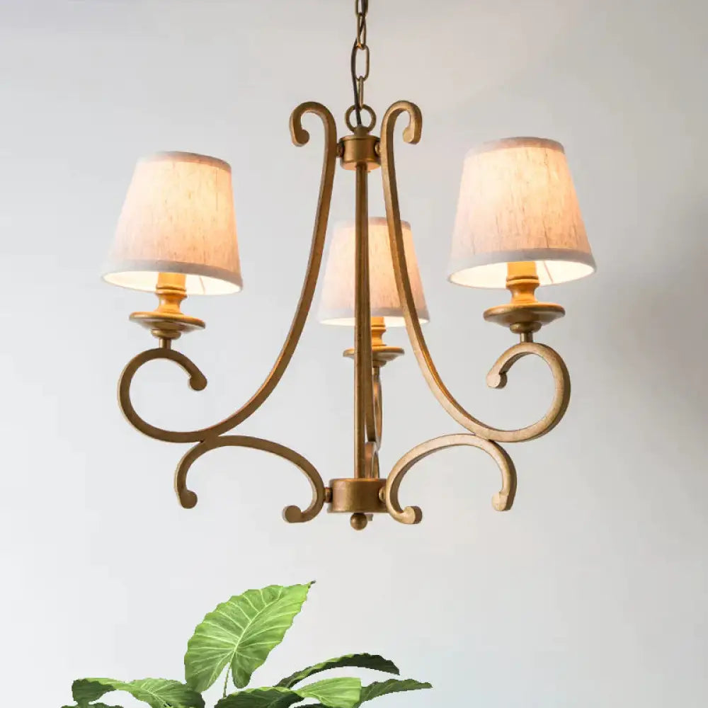 Fabric Brass Chandelier Pendant Light Conic 3/6 - Light Country Ceiling Suspension Lamp With