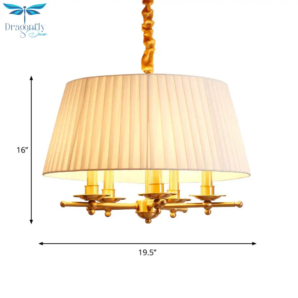 Fabric Brass Pendant Chandelier Gathered Empire Shade 5 - Head Traditional Hanging Ceiling Light