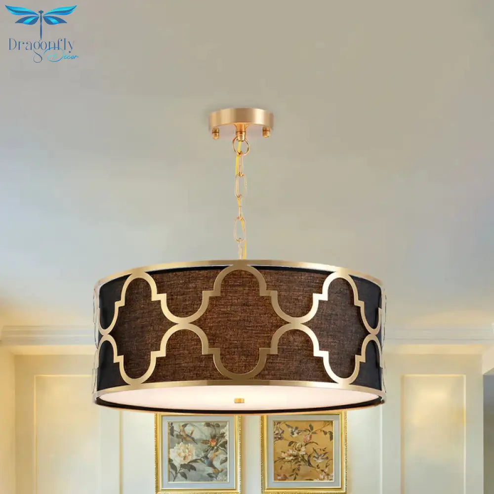 Fabric Brown Chandelier Pendant Drum Shaped 4/5 Bulbs Traditional Hanging Light Kit With Quatrefoil