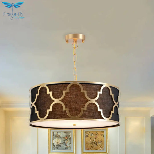 Fabric Brown Chandelier Pendant Drum Shaped 4/5 Bulbs Traditional Hanging Light Kit With Quatrefoil