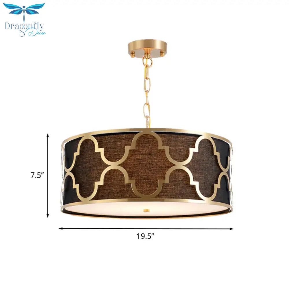 Fabric Brown Chandelier Pendant Drum Shaped 4/5 Bulbs Traditional Hanging Light Kit With Quatrefoil
