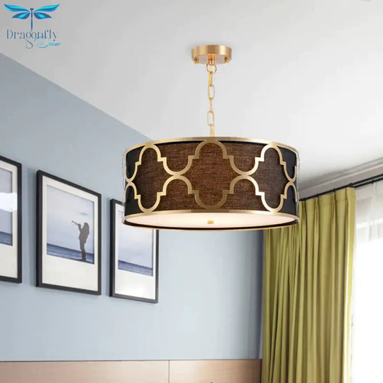 Fabric Brown Chandelier Pendant Drum Shaped 4/5 Bulbs Traditional Hanging Light Kit With Quatrefoil