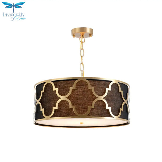 Fabric Brown Chandelier Pendant Drum Shaped 4/5 Bulbs Traditional Hanging Light Kit With Quatrefoil