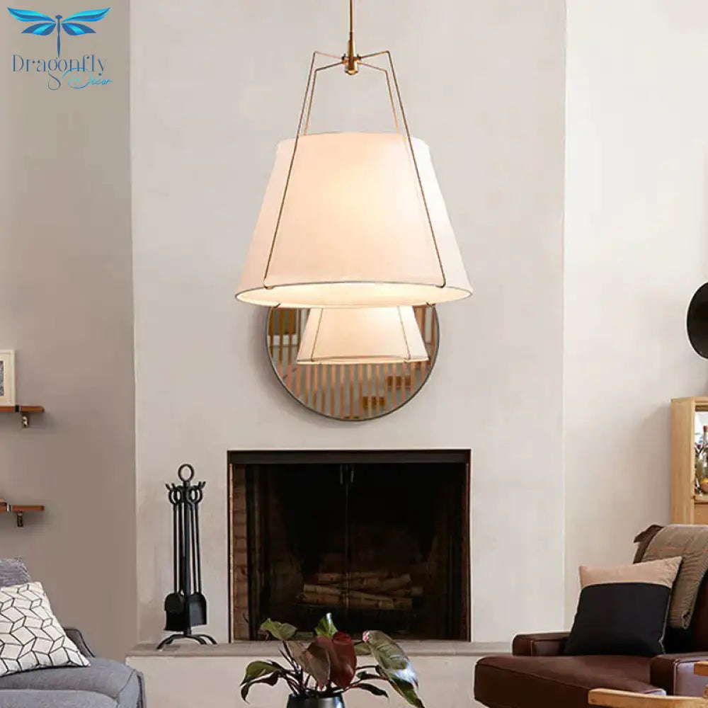 Fabric Cone Hanging Lamp Vintage 2 Lights Dining Room Chandelier Pendant Light In White