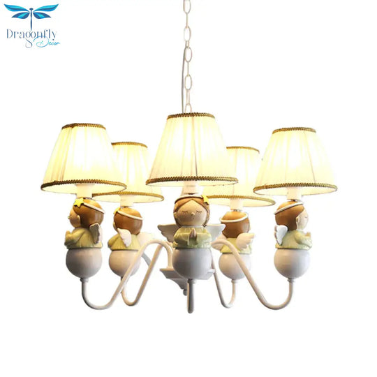 Fabric Conical Hanging Light Cartoon 5 Heads White Chandelier Lamp With Angel Decoration