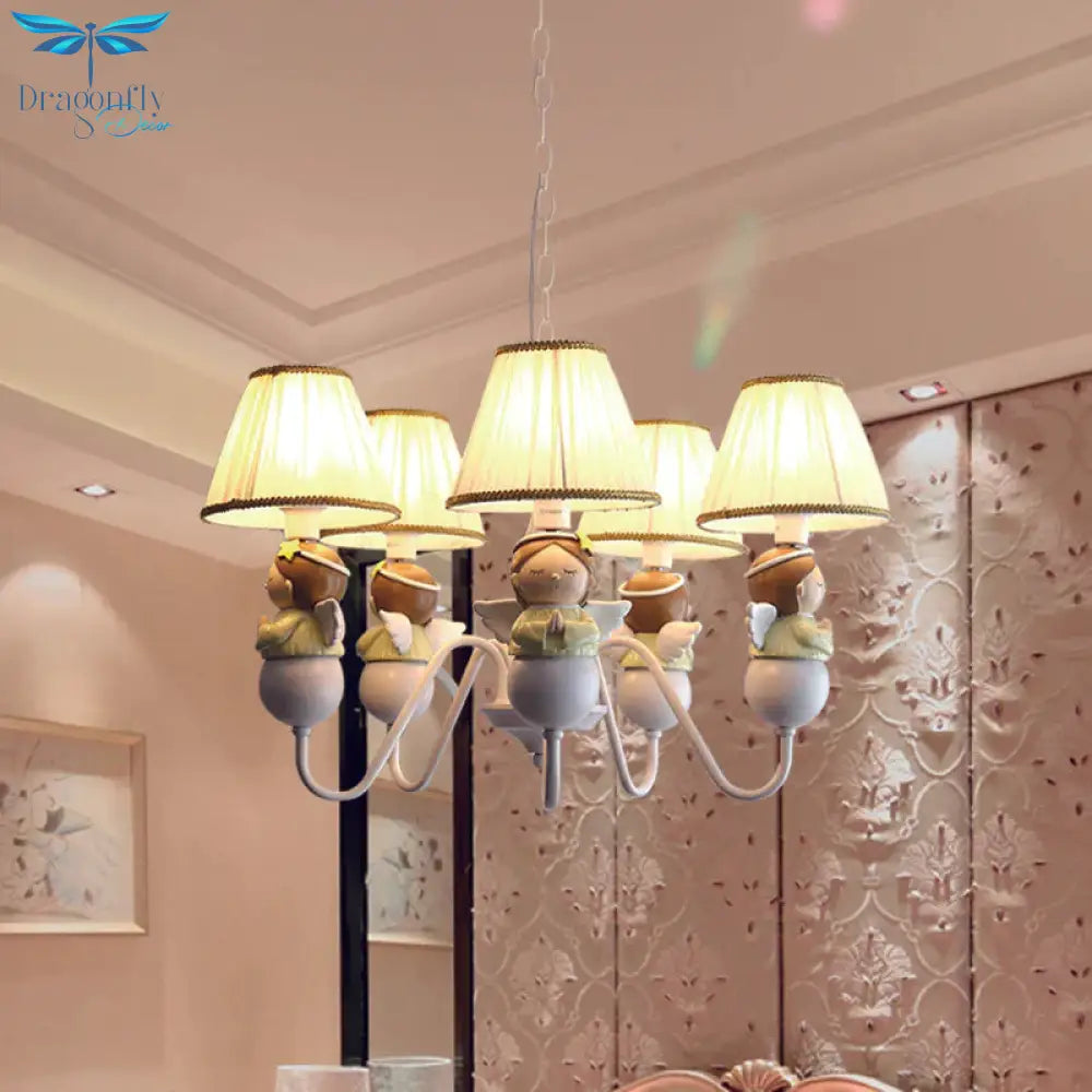 Fabric Conical Hanging Light Cartoon 5 Heads White Chandelier Lamp With Angel Decoration