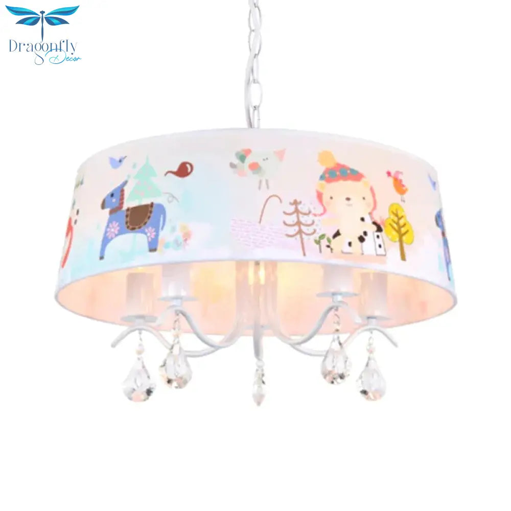 Fabric Drum Ceiling Chandelier Cartoon 5 Lights Blue Hanging Lamp Kit With Animals Pattern And
