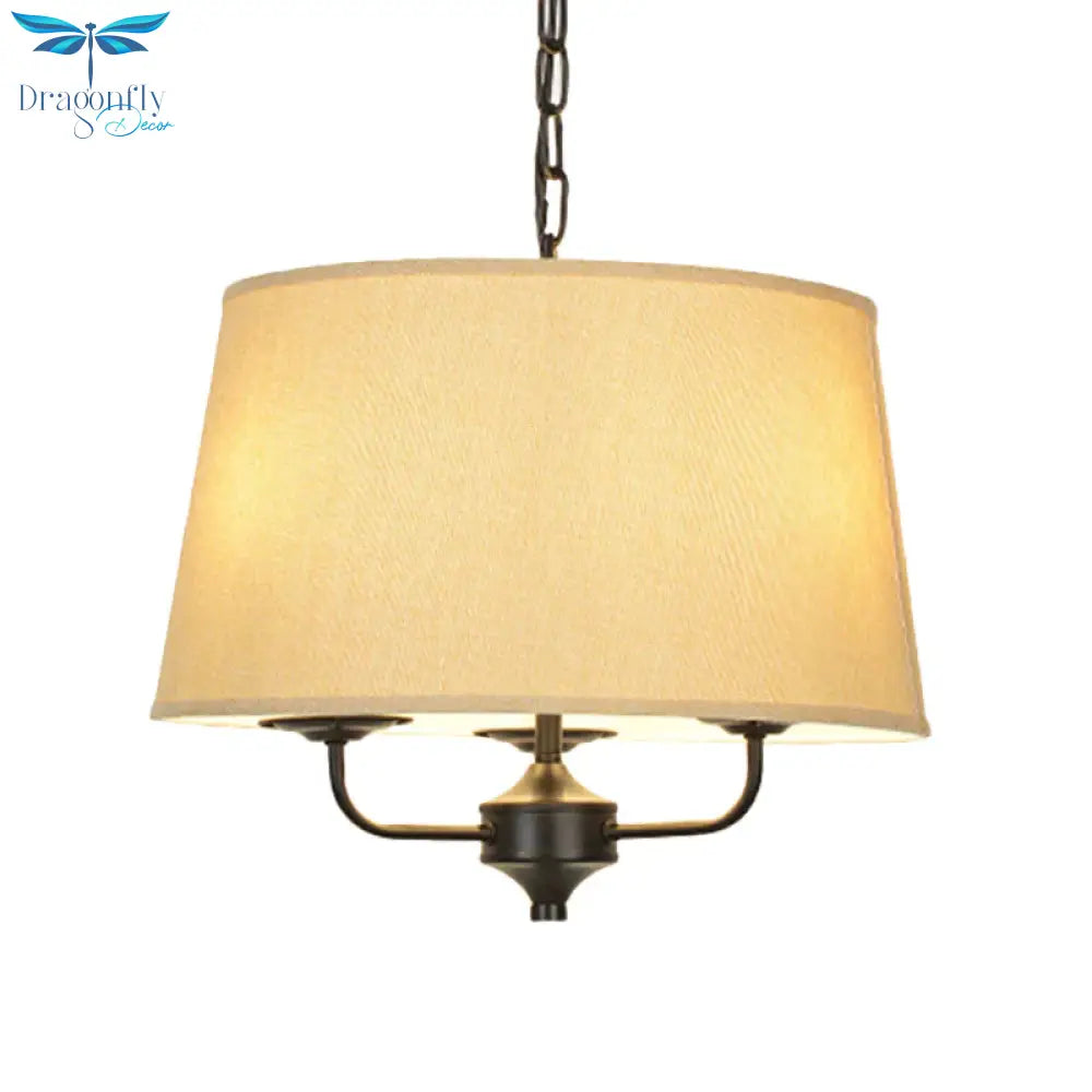 Fabric Drum Shade Hanging Chandelier Traditional 3 Lights Bedroom Pendant Light In Flaxen/White