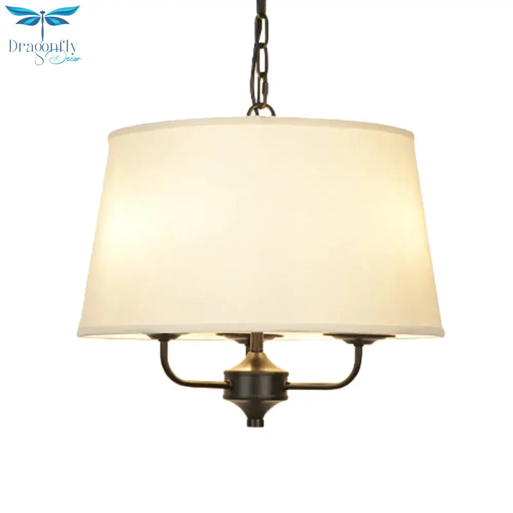 Fabric Drum Shade Hanging Chandelier Traditional 3 Lights Bedroom Pendant Light In Flaxen/White