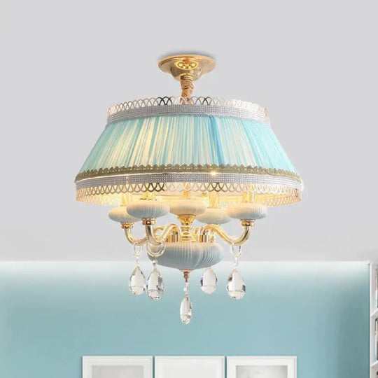 Fabric Pink/Blue Ceiling Lamp Drum 4 Lights Rustic Chandelier Pendant Light With Crystal Drop Blue