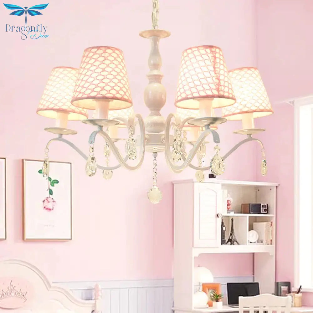 Fabric Pink Hanging Chandelier Tapered 6 Lights Traditional Down Lighting Pendant With Crystal