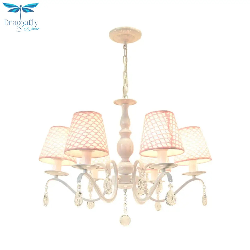 Fabric Pink Hanging Chandelier Tapered 6 Lights Traditional Down Lighting Pendant With Crystal