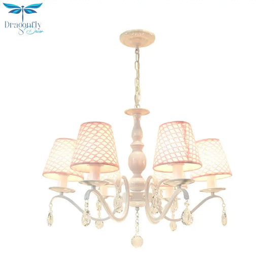 Fabric Pink Hanging Chandelier Tapered 6 Lights Traditional Down Lighting Pendant With Crystal