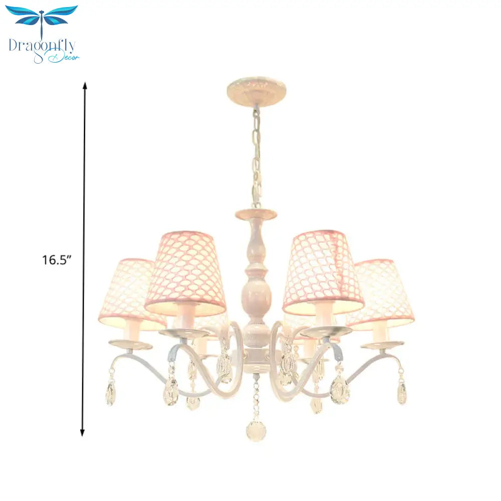 Fabric Pink Hanging Chandelier Tapered 6 Lights Traditional Down Lighting Pendant With Crystal