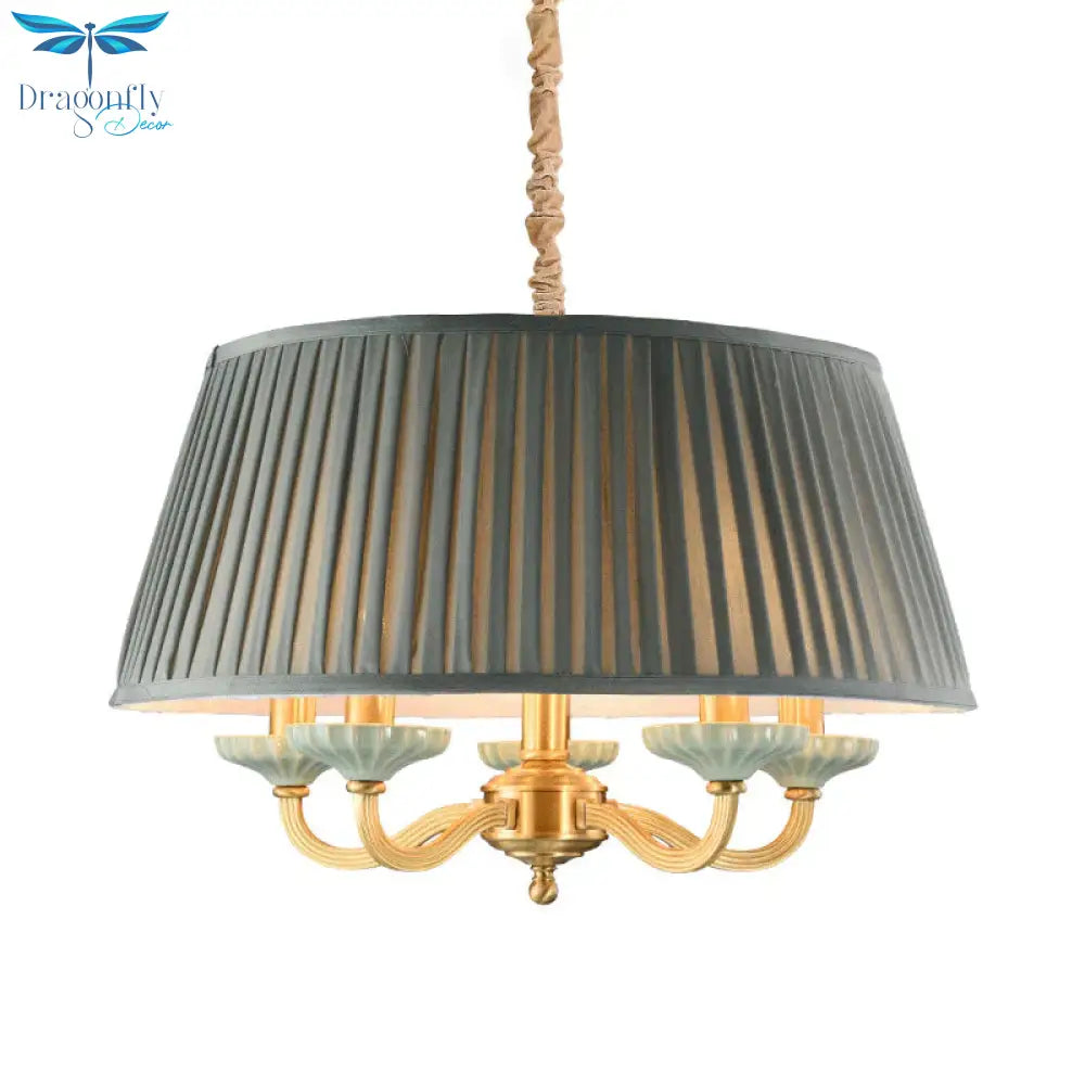 Fabric Pleated Drum Ceiling Chandelier Country 5 - Head Dining Room Hanging Pendant Light In Gray