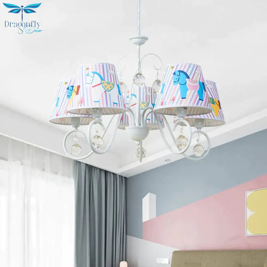 Fabric Tapered Ceiling Pendant Cartoon 5 Lights White Hanging Chandelier With Horse Pattern And
