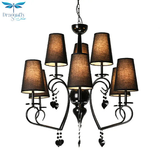 Fabric Tapered Hanging Ceiling Light Rustic 6/9 Lights Living Room Chandelier In Black