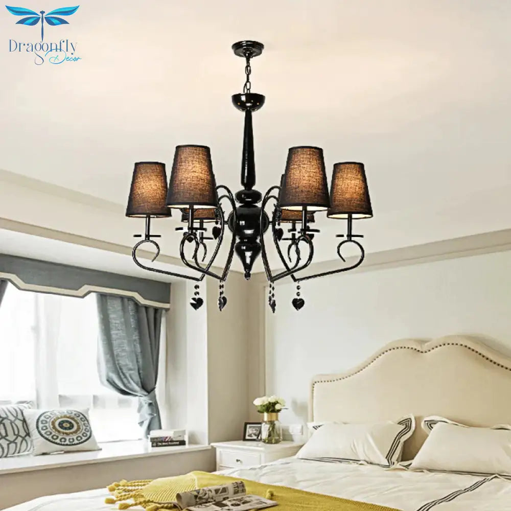 Fabric Tapered Hanging Ceiling Light Rustic 6/9 Lights Living Room Chandelier In Black