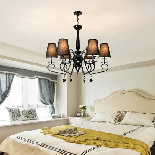 Fabric Tapered Hanging Ceiling Light Rustic 6/9 Lights Living Room Chandelier In Black 6 /