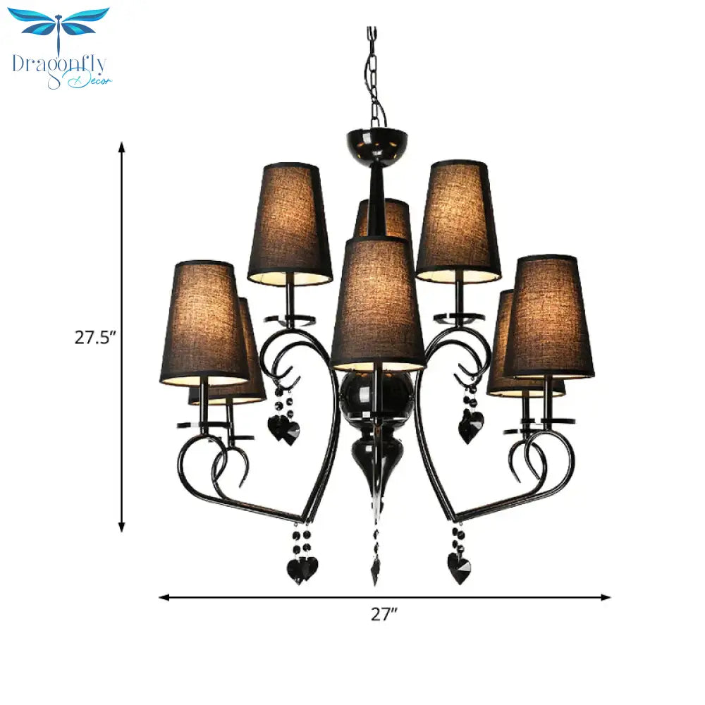 Fabric Tapered Hanging Ceiling Light Rustic 6/9 Lights Living Room Chandelier In Black