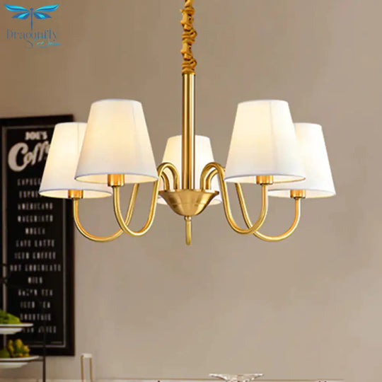 Fabric Tapered Hanging Chandelier Traditional 3/5/6 Lights Living Room Pendant Light In Brass