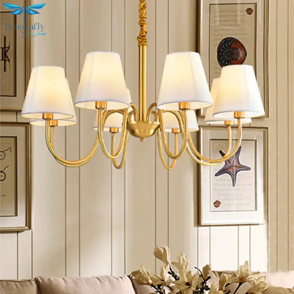 Fabric Tapered Hanging Chandelier Traditional 3/5/6 Lights Living Room Pendant Light In Brass