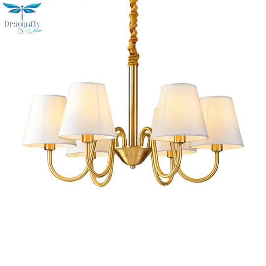 Fabric Tapered Hanging Chandelier Traditional 3/5/6 Lights Living Room Pendant Light In Brass