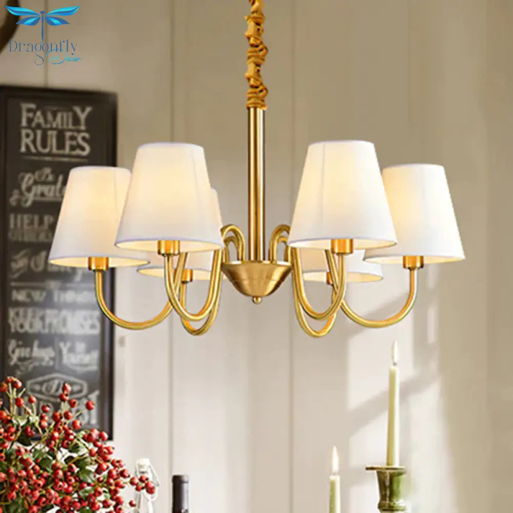 Fabric Tapered Hanging Chandelier Traditional 3/5/6 Lights Living Room Pendant Light In Brass