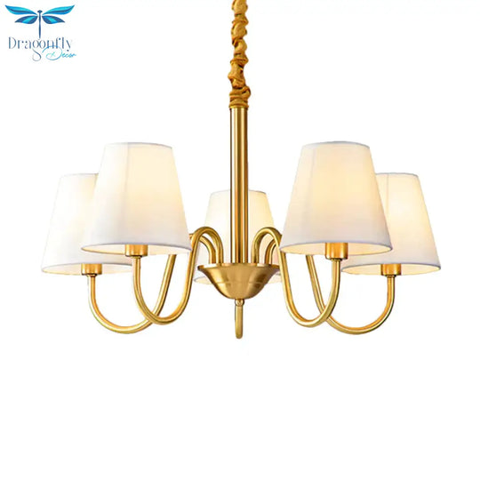 Fabric Tapered Hanging Chandelier Traditional 3/5/6 Lights Living Room Pendant Light In Brass