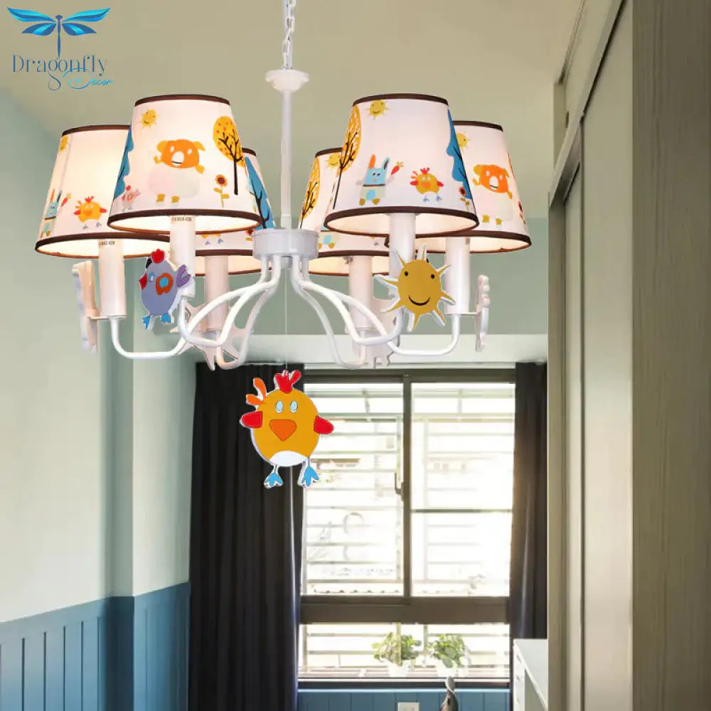 Fabric Tapered Shade Hanging Lights Cartoon Ceiling Lamp In White For Bedroom